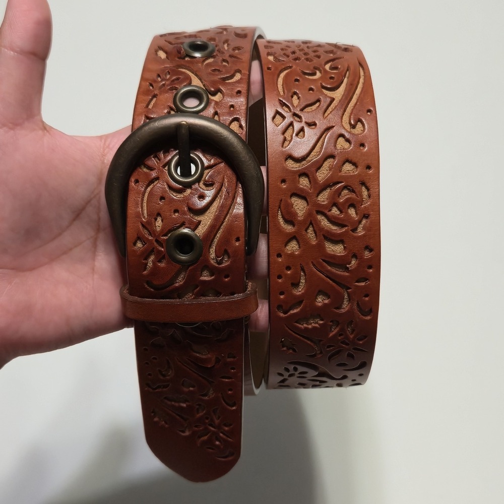Vintage Fossil Womens S Brown Leather Tooled Cutout Floral Western Boho Belt